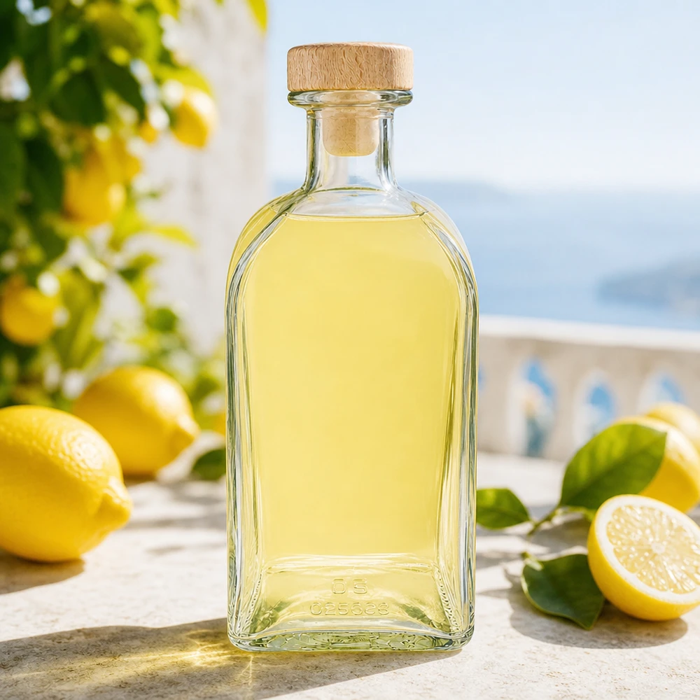500ml Julia-lasipullo, jossa on puukorkki ja joka on täytetty sitruunaliköörillä Välimeren ympäristössä tuoreiden sitruunoiden kanssa