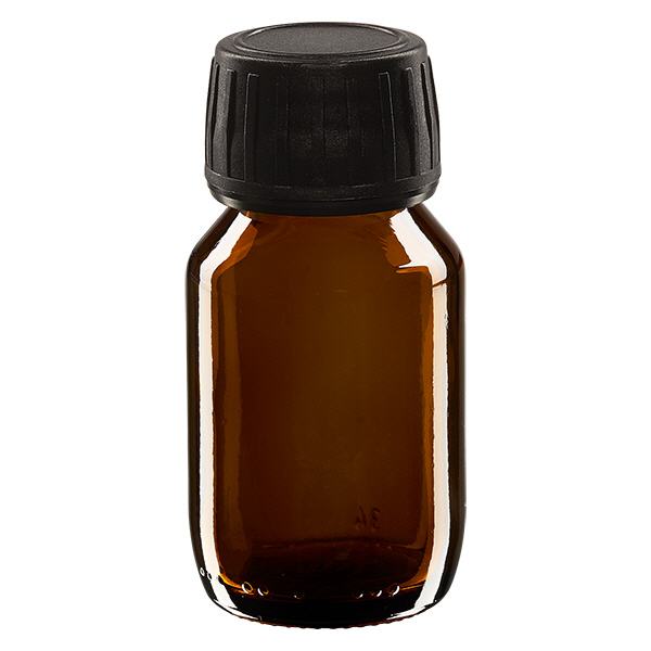 50ml lääkepullo ruskea, musta korkki, jossa peukaloinnin varmistava rengas ApoGlas 50ml lääkepullo ruskea, musta korkki, jossa peukaloinnin varmistava rengas ApoGlas