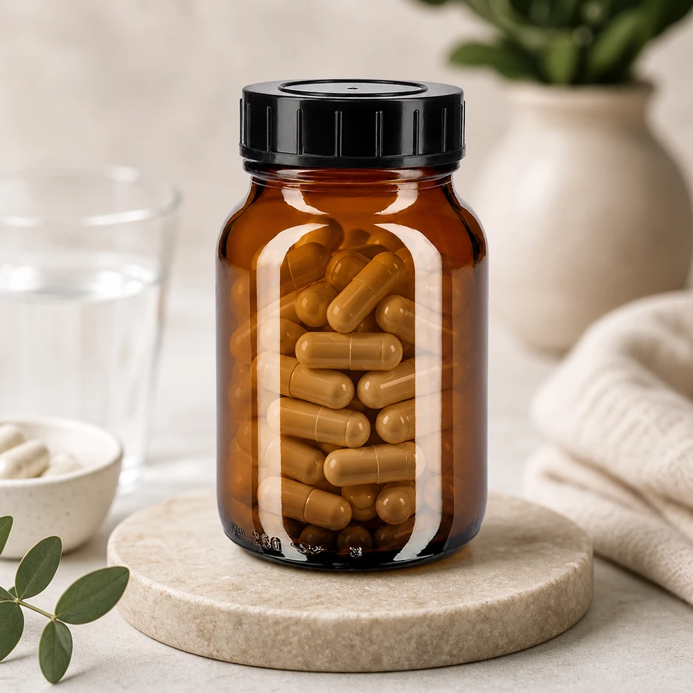 250ml leveäkaulainen meripihkanvärinen lasipullo, jossa on kierrekorkki. Valonsuojalasipullo 250ml, väriltään meripihkanvärinen, jossa on tiivis musta korkki.