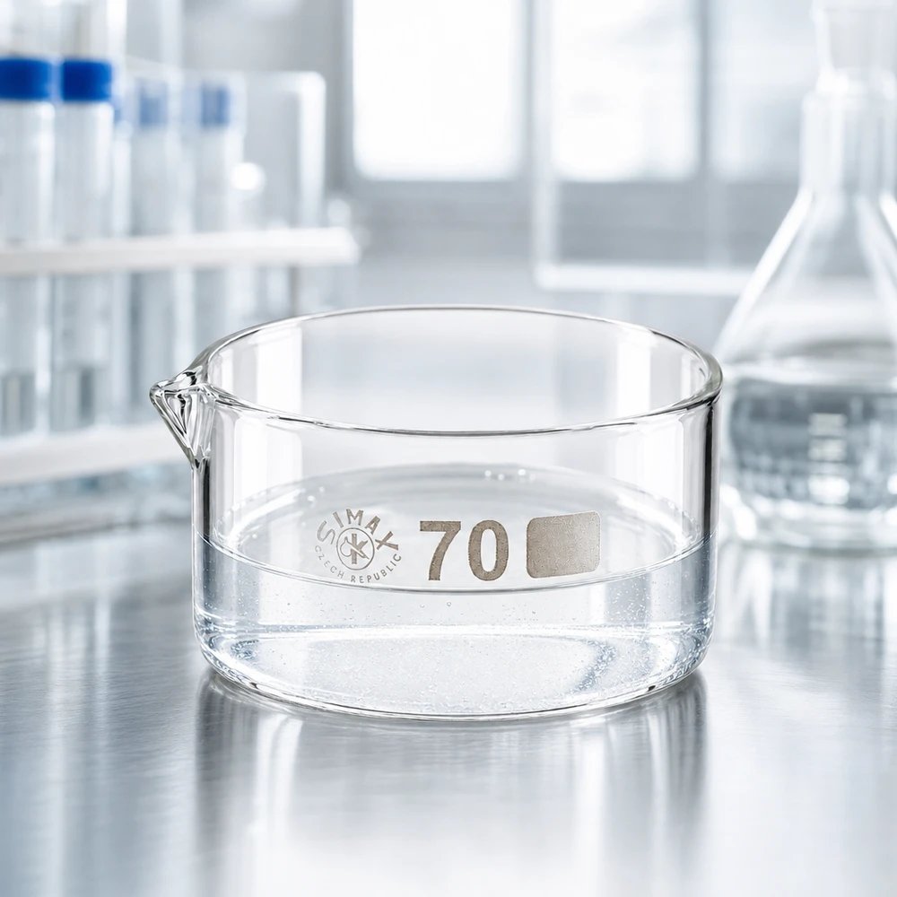 100ml kiteytysastia, jossa on suulake borosilikaatti ø70mm Tyhjä 100 ml:n laboratoriolasista valmistettu kiteytysastia, jossa on lyhyt kaatoaukko, ruostumattomasta teräksestä valmistetulla pinnalla