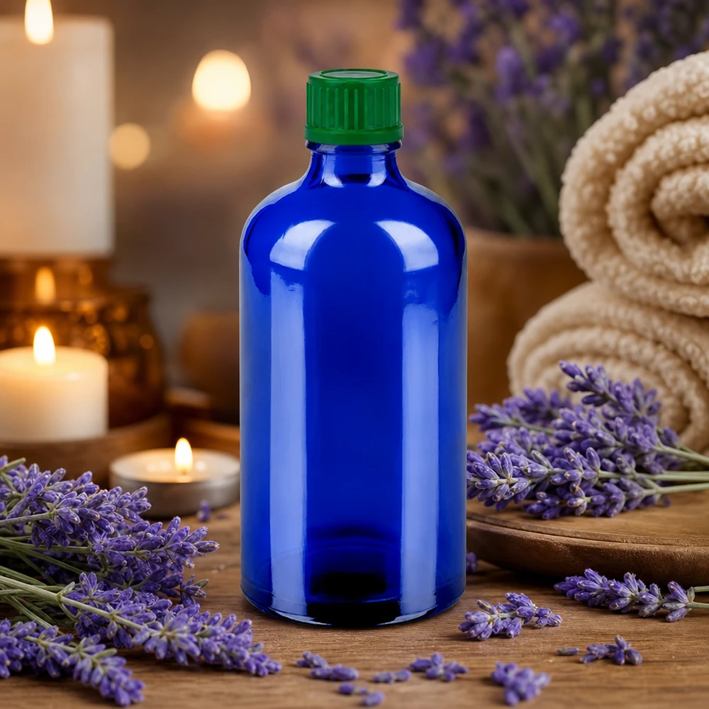 100ml kosmetiikkapullo korkealaatuisesta lasista, sininen, eteerisille öljyille ja aromaterapialle.