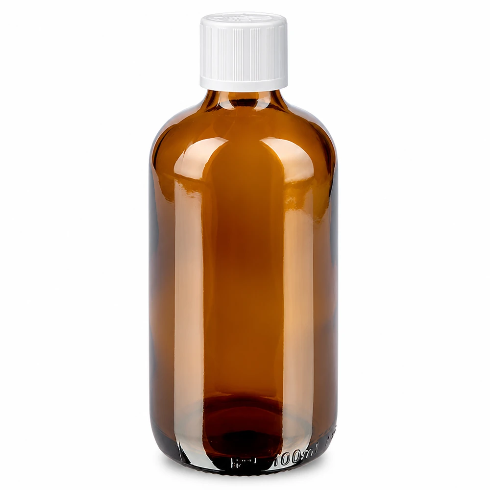 Apteekkipullo ruskea 100ml kierrekorkki valkoinen lapsiturvallinen standardi 100 ml:n ruskealasi-pullo, jossa on valkoinen 11 mm:n lapsiturvallinen korkki, apteekeille
