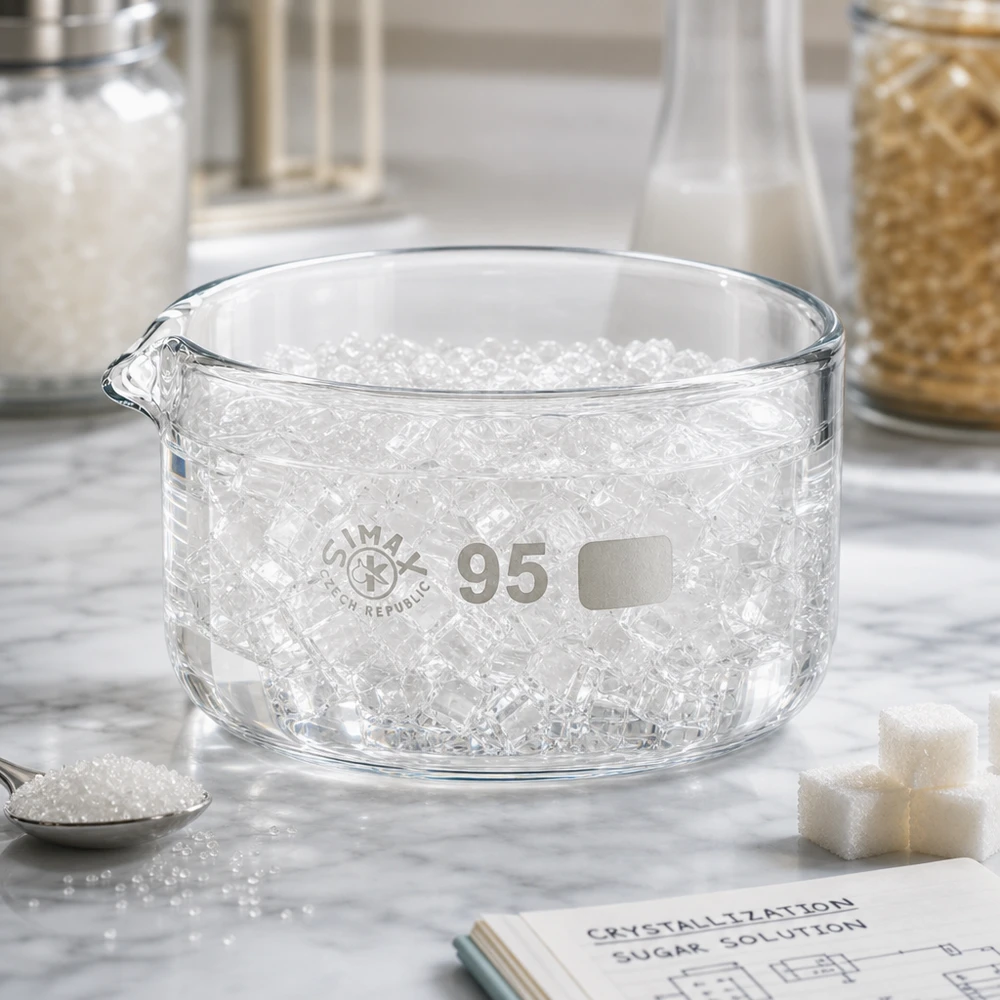 300ml kiteytysastia borosilikaattikannulla ø95mm 300 ml:n kiteytysastia, täytetty jääkuutioilla, litteä lasiastia, halkaisija 95 mm, SIMAX, kaatonokka, laboratorio