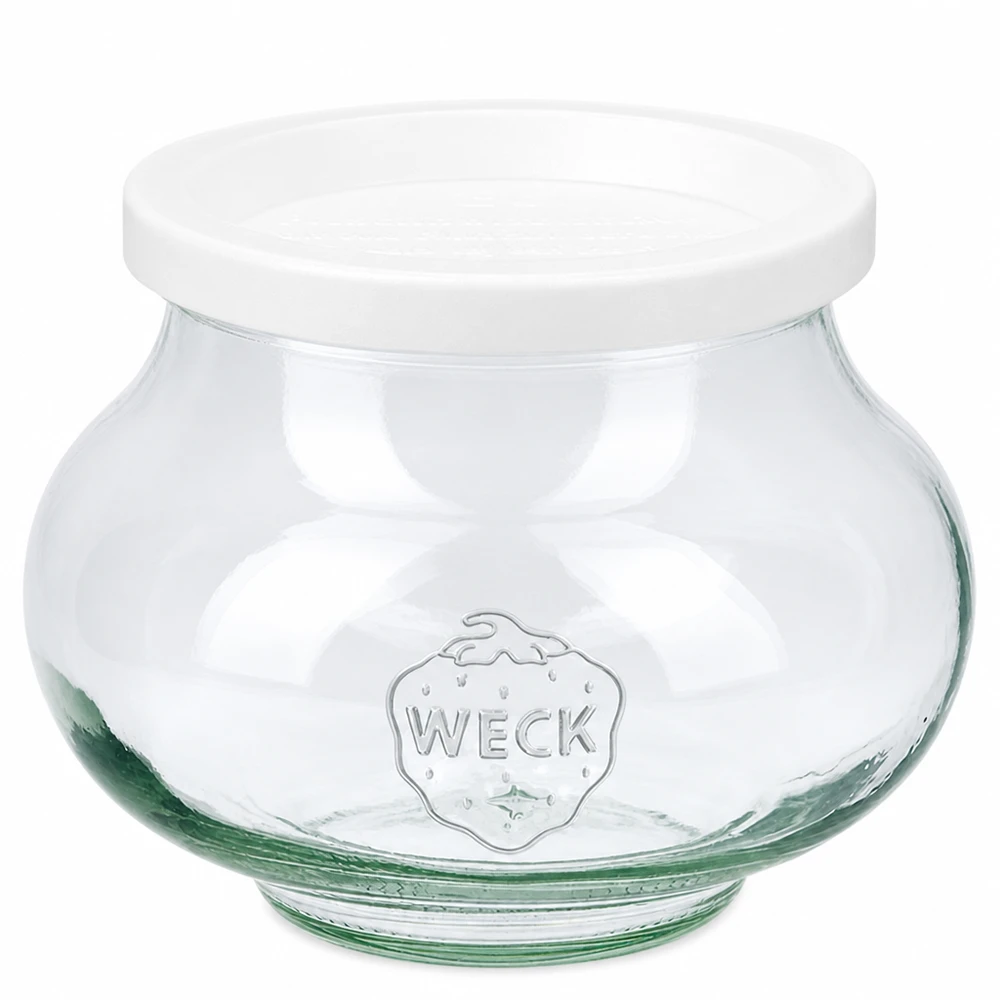 560 ml:n koristepurkki, jossa on tuoreuskansi, WECK RR80 WECK koristeellinen purkki 560ml valkoisella raikkauskannella RR80 kirkkaasta lasista, jossa on kohokuvioitu WECK-logo.