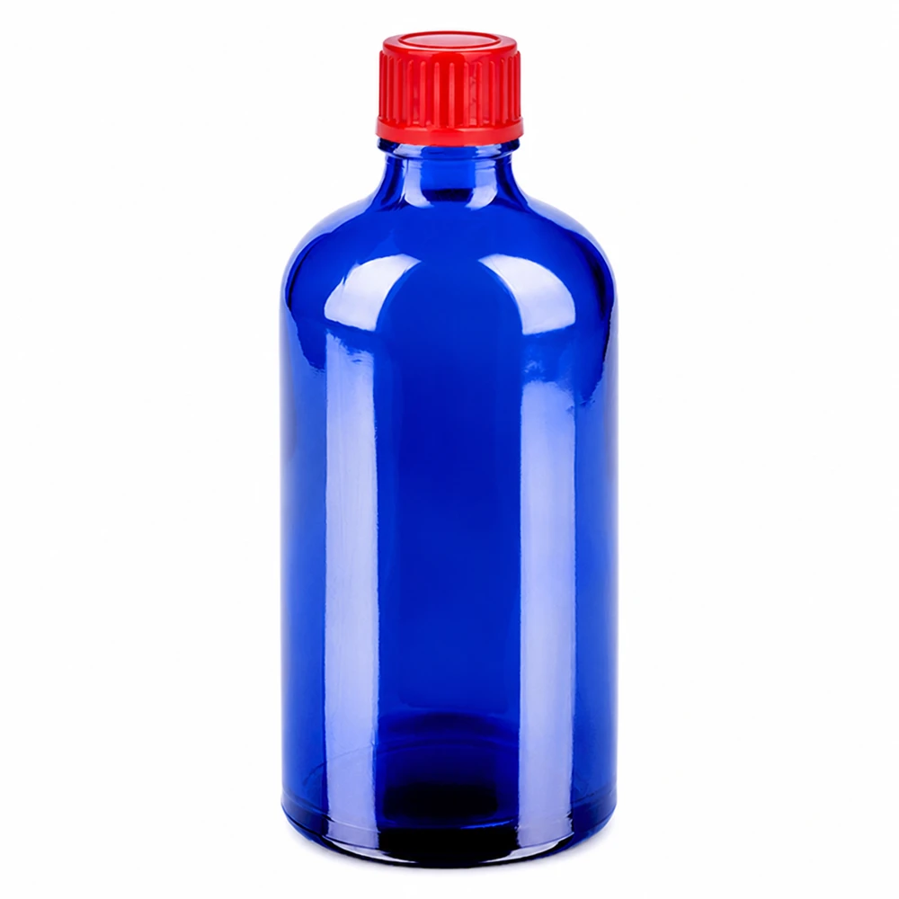 100ml sininen lasipullo punaisella kierrekorkilla 11mm SV lääkkeille ja kosmetiikalle