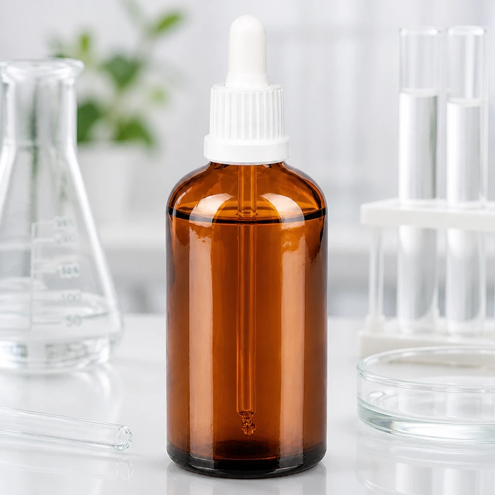 100 ml:n laboratoriopullo meripihkalasista, jossa on tarkka tiputusjärjestelmä farmaseuttisiin sovelluksiin.