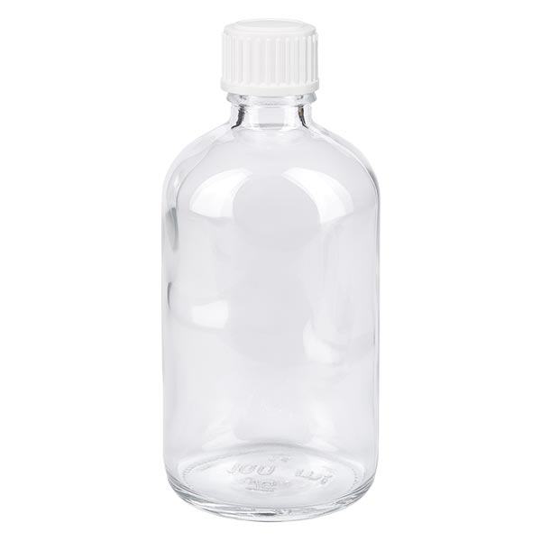 Apteekkipullo kirkas 100ml ruuvikorkki valkoinen pallokorkki standardi Apteekkipullo kirkas 100ml ruuvikorkki valkoinen pallokorkki standardi