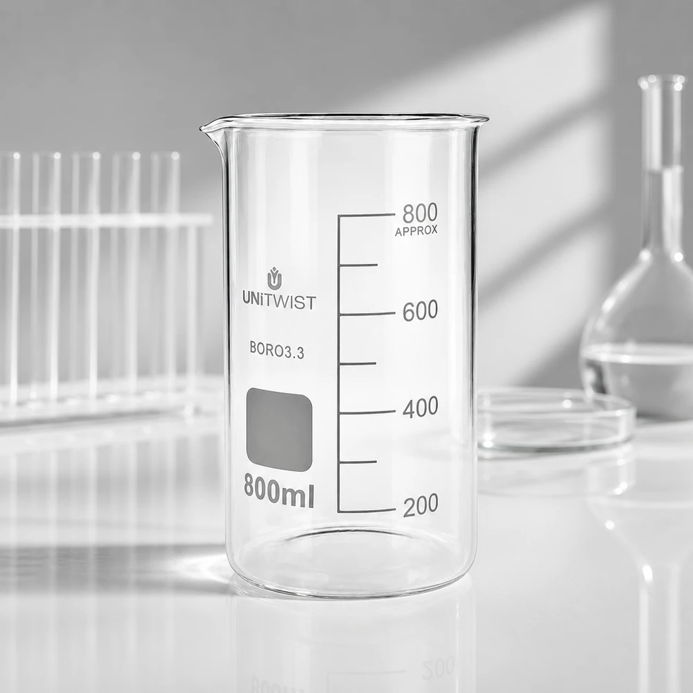 800 ml:n borosilikaattilasi, korkea muotti UNiTWIST UNITWIST-mitta-astia, 800 ml, korkea malli, tyhjä borosilikaattilaboratoriolasia, jossa on mitta-asteikko valkoisella taustalla