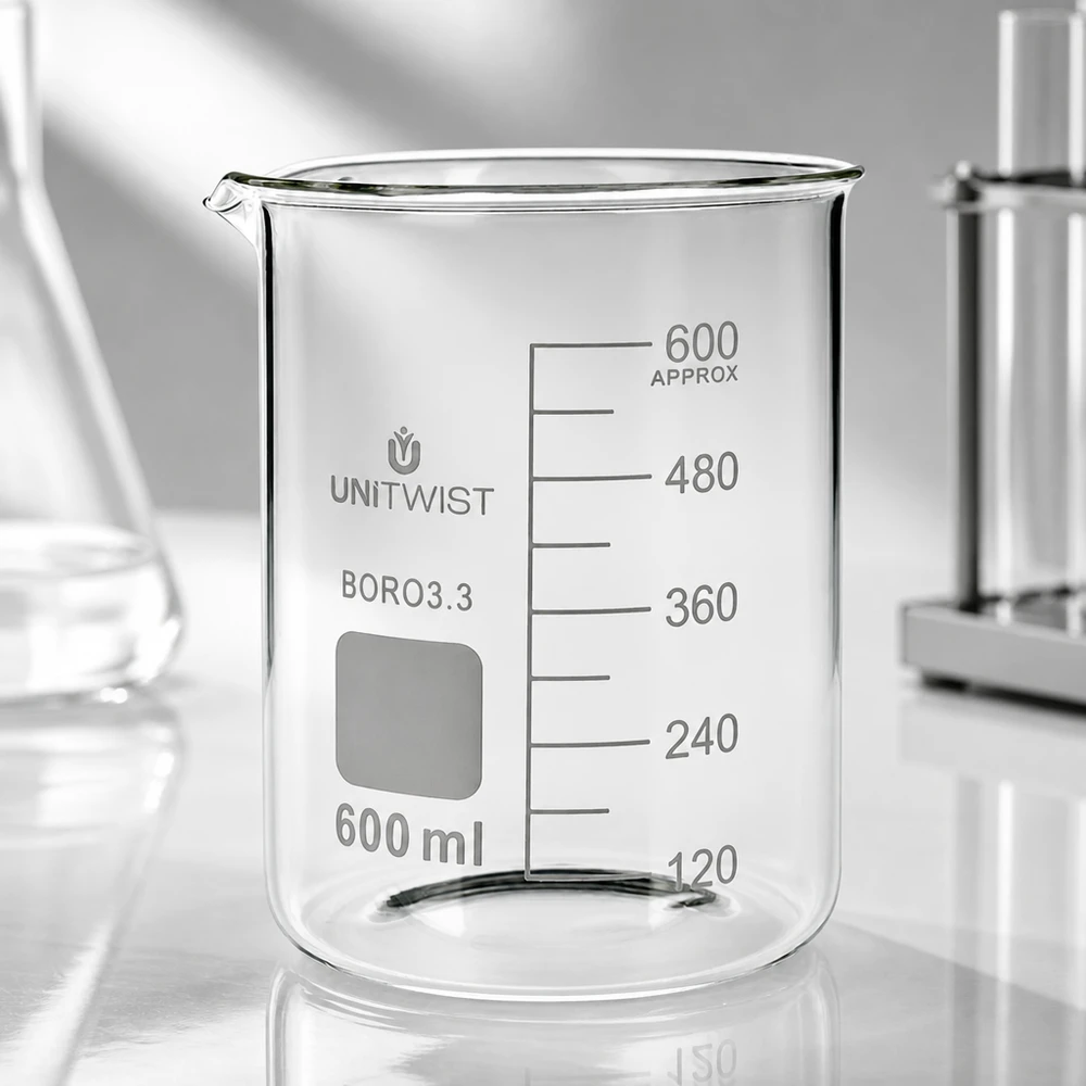 600 ml borosilikaattilasi, matala muotti UNiTWIST UNiTWIST-mitta-astia 600 ml, borosilikaattilasia, kirkas, mitta-asteikolla 120–600 ml, matala muoto