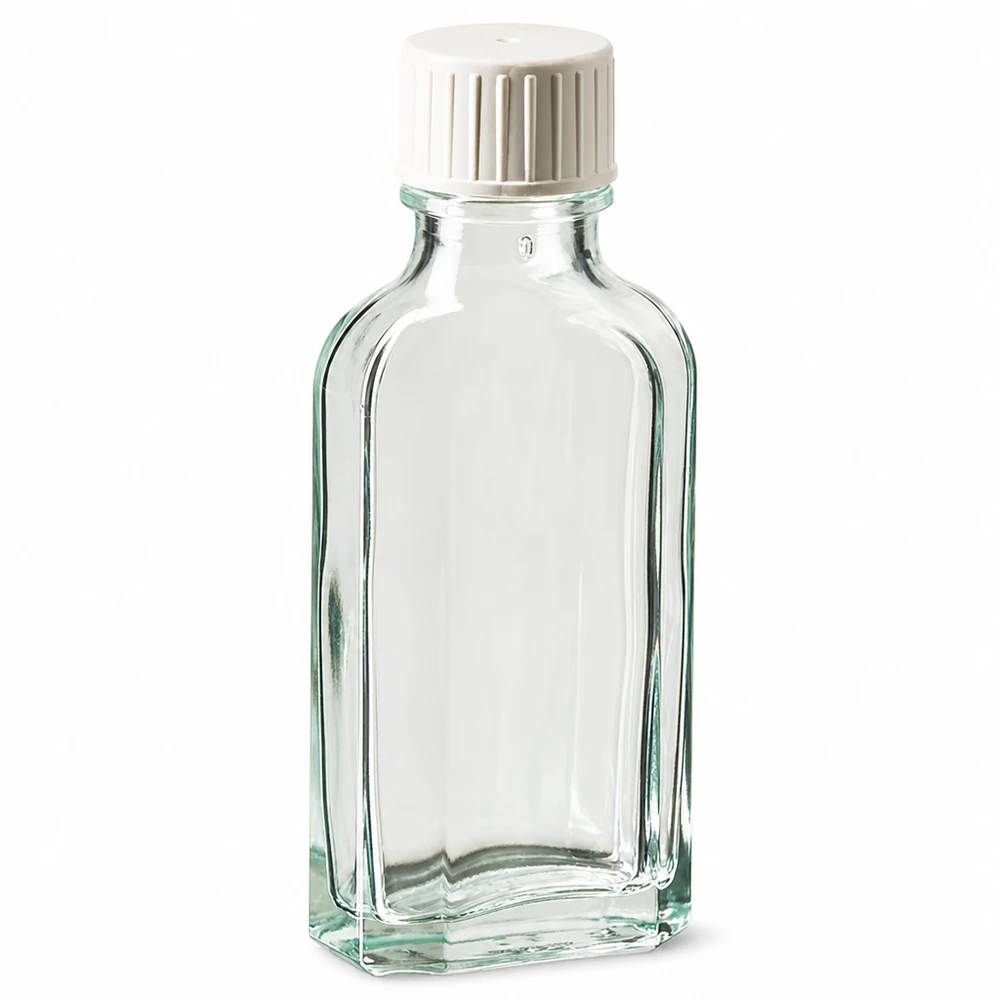 50 ml:n Meplat-lasipullo, kirkas, valkoisella kierrekorkilla ja kaatorenkaalla