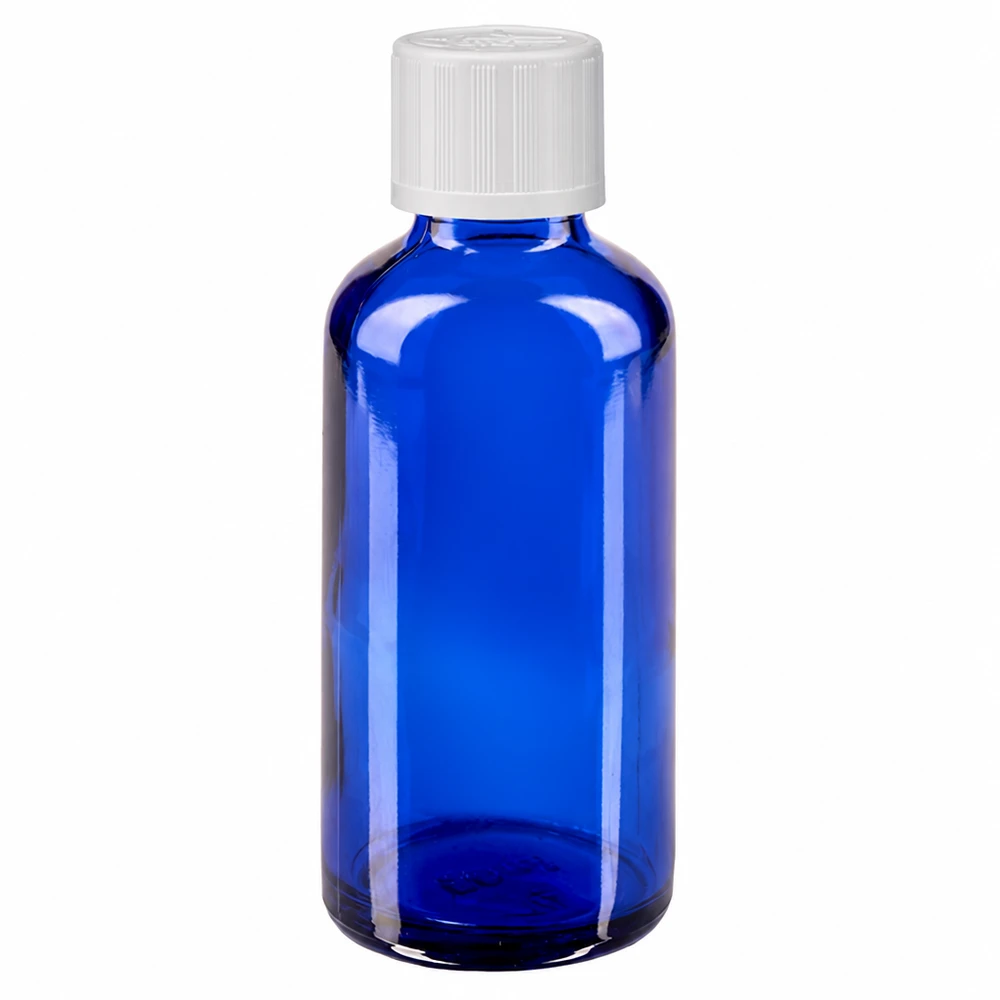 50 ml:n sininen lasinen apteekkipullo, jossa on valkoinen lapsiturvallinen korkki ja 1,2 mm:n tiputusosa