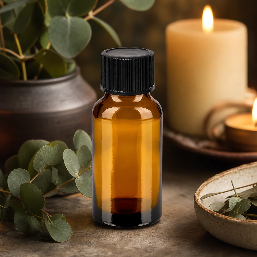 20ml tippapullo 1mm musta vakiosuljin BrownLine UT18/20 20ml meripihkanvärinen lasiapteekkipullo, jossa on vakiomusta korkki aromaterapiaa varten.