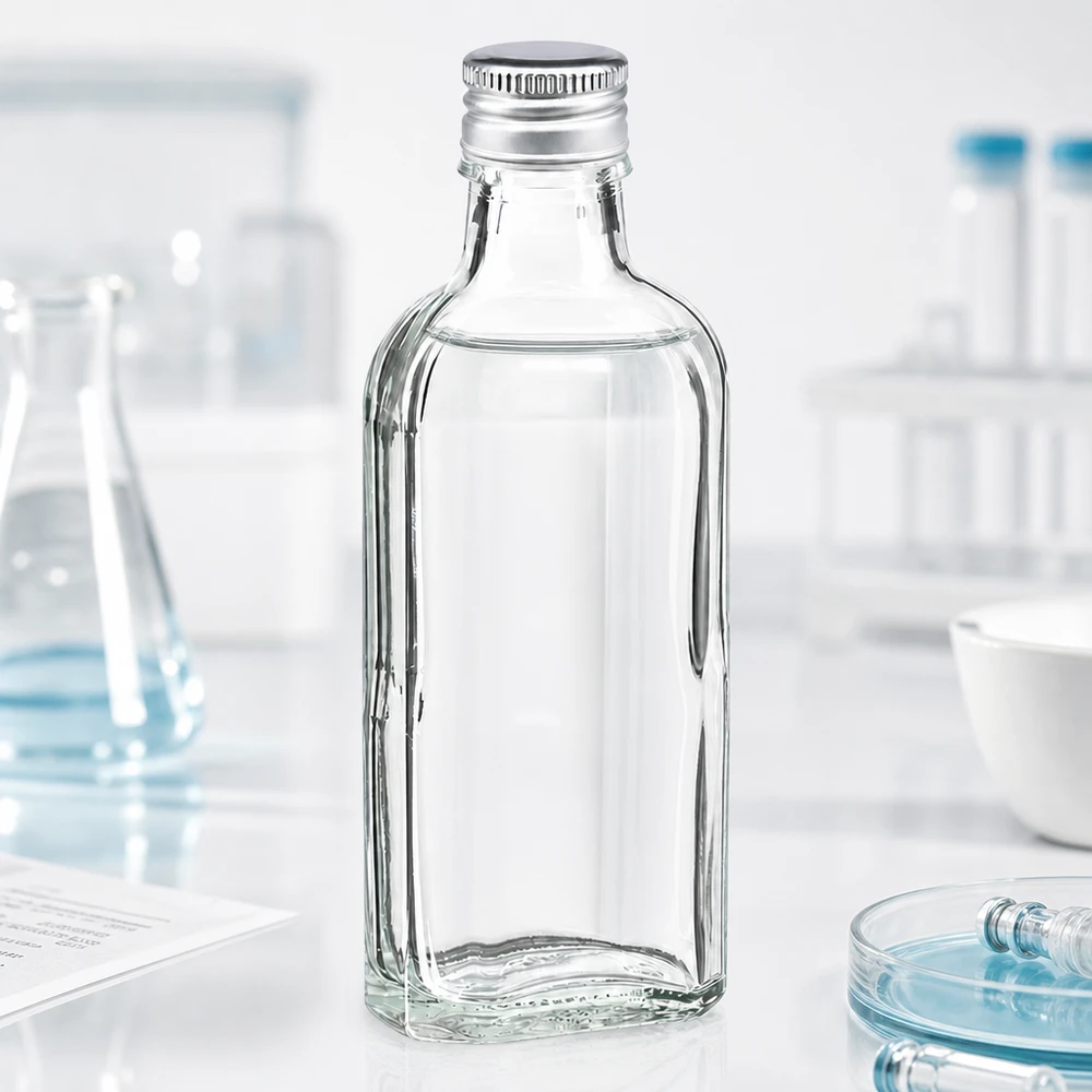Suorakulmainen, kirkas 100 ml:n Meplat-lasipullo, jossa on hopeanvärinen alumiininen kierrekorkki (PP22), laboratoriokäyttöön