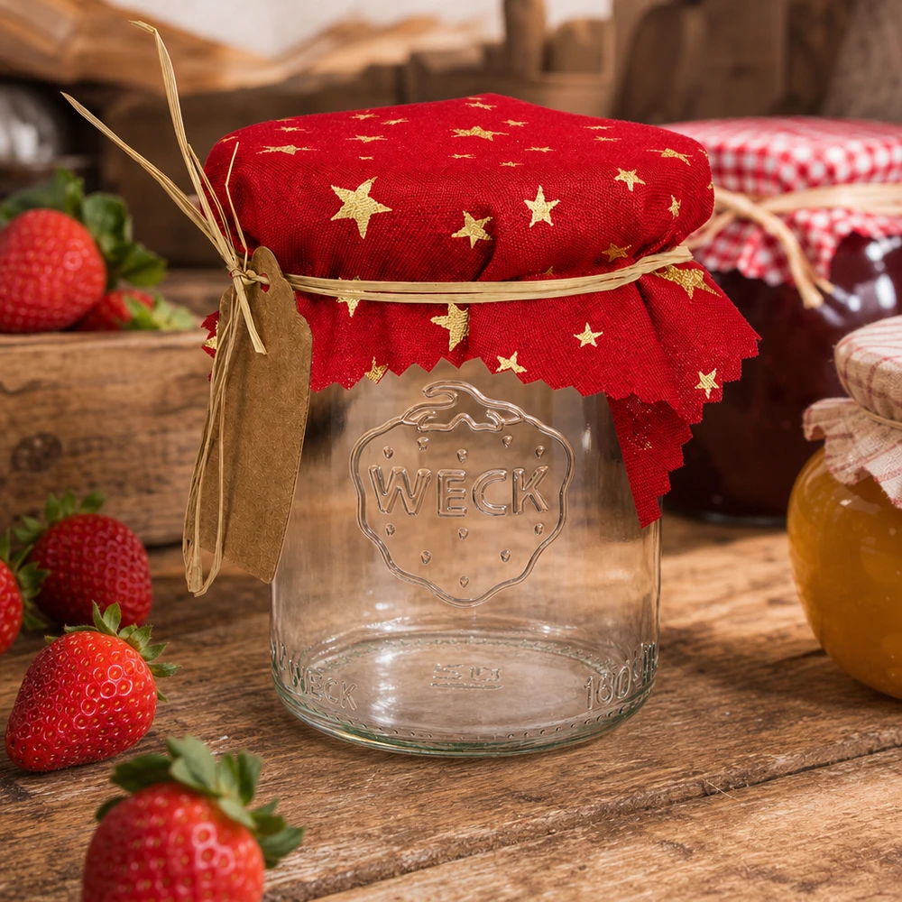 Kankainen korusilppu punainen "tähdet" 12cm neliö. Dekoratives Schmuckdeckchen rot Sterne auf Einmachglas mit Erdbeeren rustikale Küchendeko Landhausstil 12cm