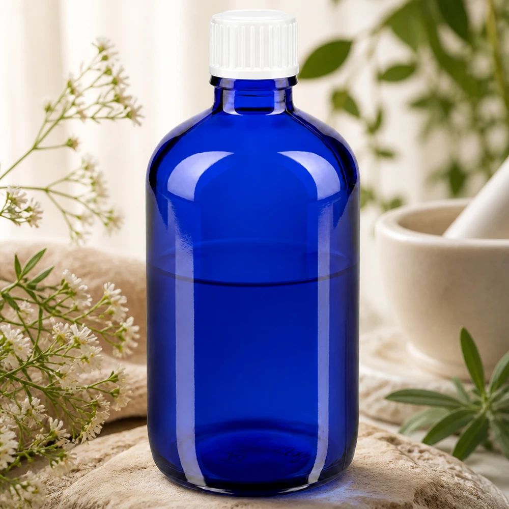 Apteekkipullo sininen 100ml ruuvikorkki valkoinen globen standardi Koboltinsininen 100 ml:n apteekkipullo, jossa on valkoinen tippakorkki ja yrttikoriste