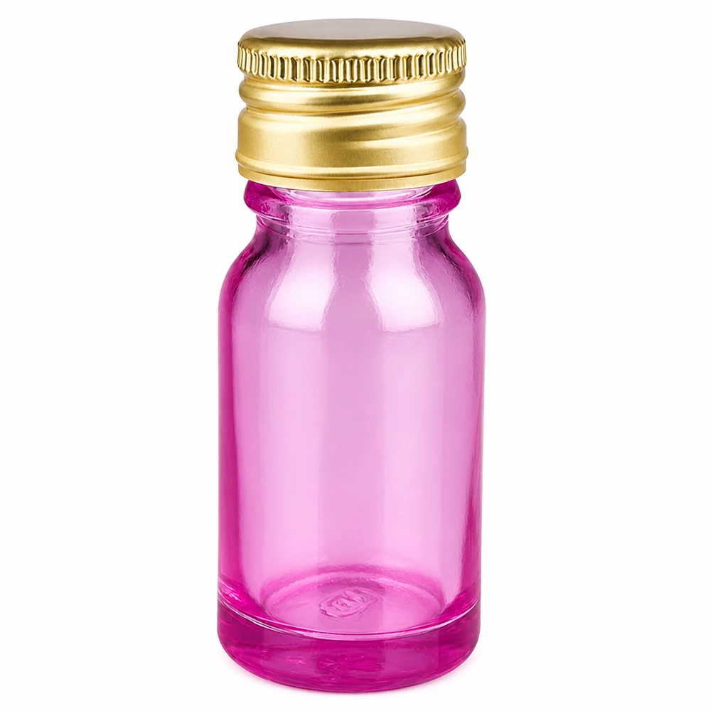 10ml pullo 11mm ruuvikorkki alumiinista kultainen standardi PurpleLine. UT18/10 10ml pullo ruuvikorkilla alumiinista kultaa ja violettia läpinäkyvää lasia eteerisille öljyille.