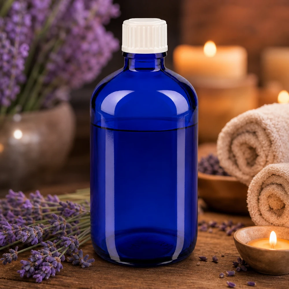 Apteekkipullo sininen 100ml ruuvikorkki valkoinen globen standardi Sininen 100 ml:n apteekkipullo, jossa on laventelia ja kynttilöitä aromaterapiaan ja hyvinvointiin