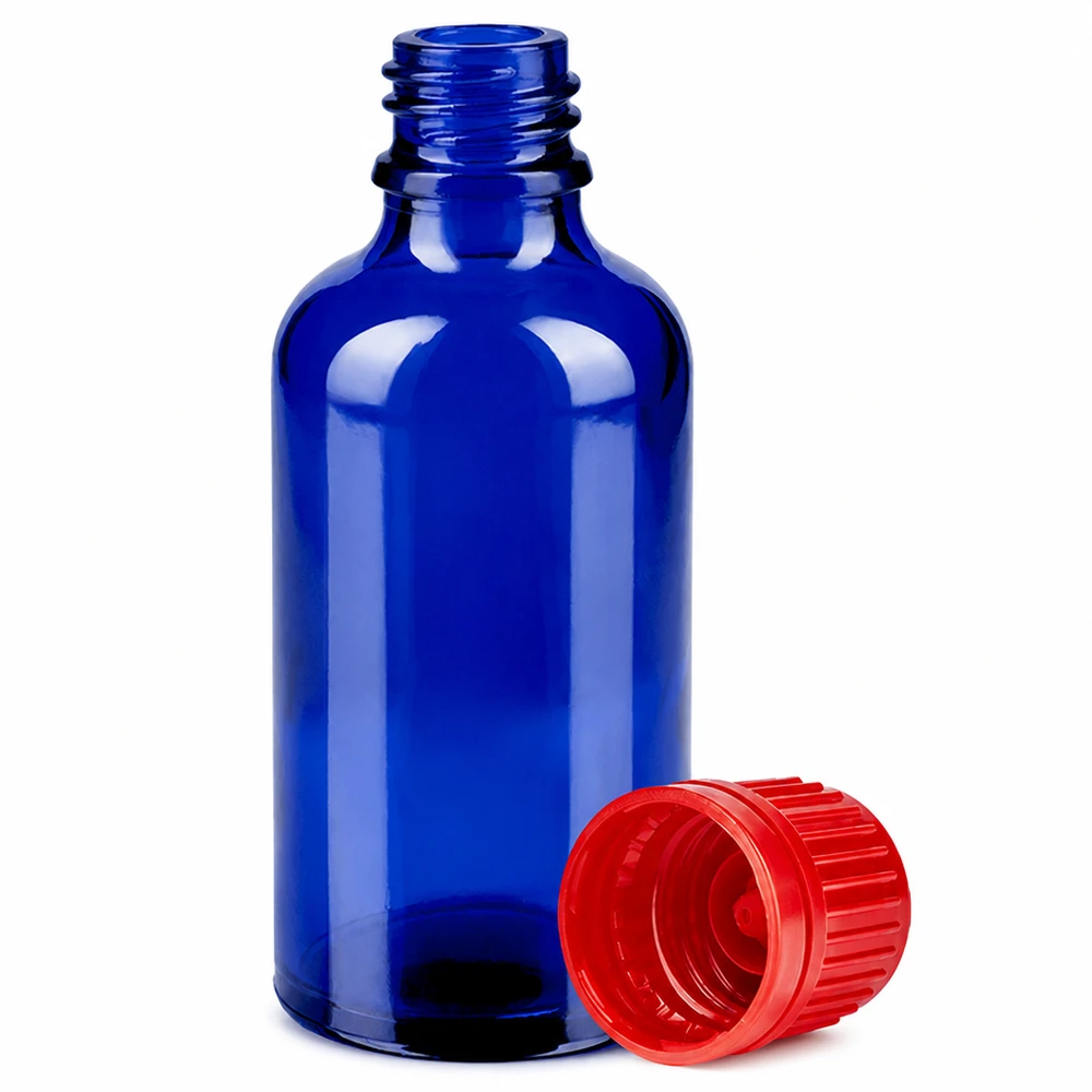 Sininen 50ml laboratoriopullo, jossa punainen kierrekorkki SV 11mm OV BlueLine UT18/50