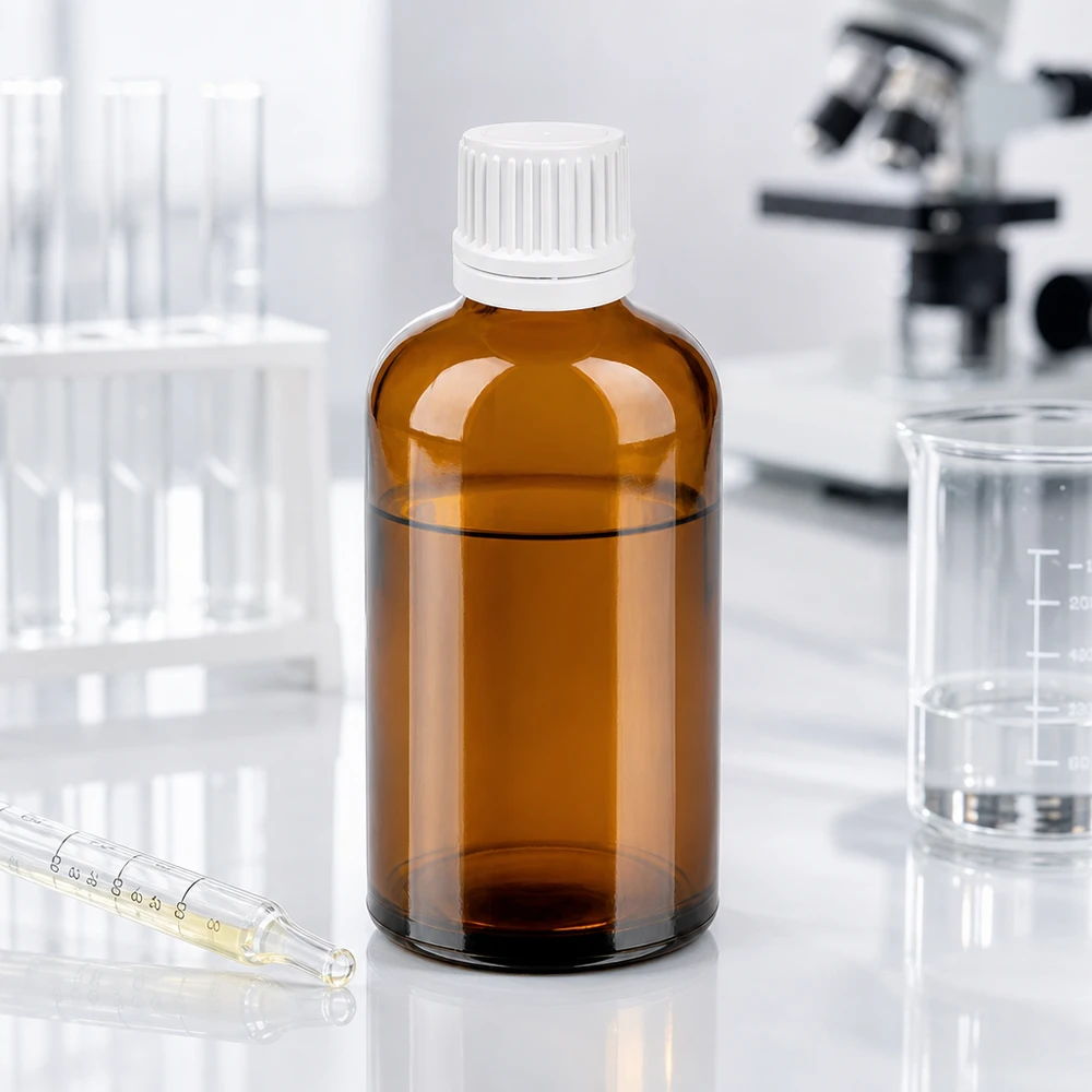 Tarkka 0.7mm tippapullo 100ml, joka on valmistettu UV-suojatusta meripihkanvärisestä lasista laboratoriosovelluksiin.