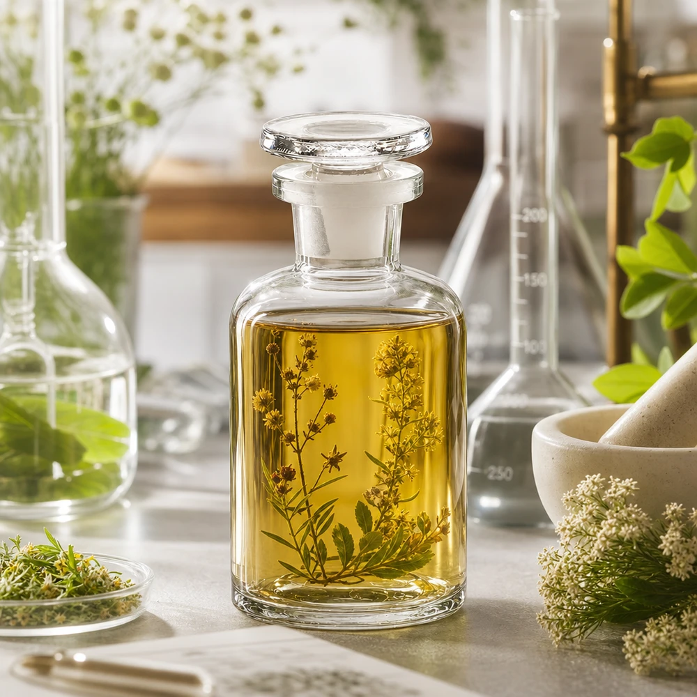 Pyöreä olkapääpullo 50ml kirkas kapeakaulainen lasitulppa Yrttiöljyllä täytetty lasipullo, pyöreäolkapäinen, kapeakaulainen, 50 ml, tulpalla varustettu, laboratoriopöydällä