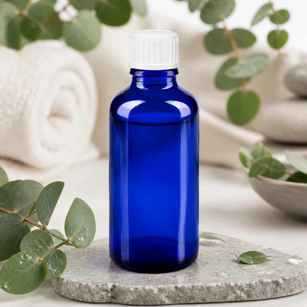 Apteekkipullo sininen 50ml kierrekorkki valkoinen Globuli Standard. Sininen 50 ml:n tiputuspullo apteekkilasista, jossa on valkoinen kierrekorkki ja jota ympäröivät eukalyptusoksat