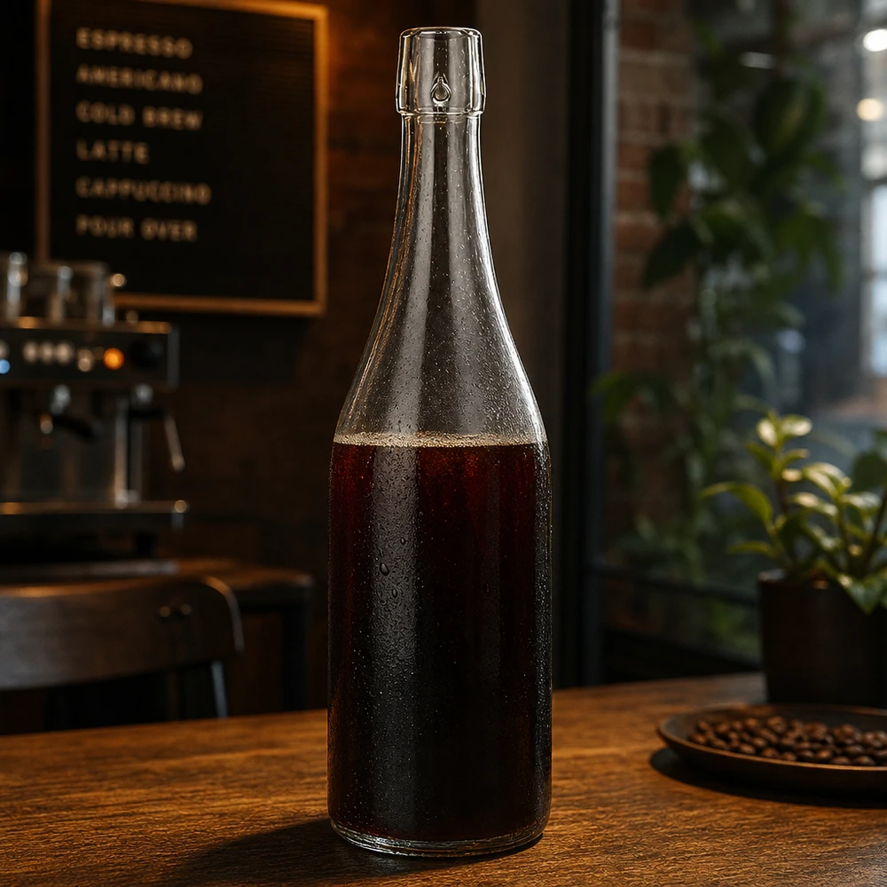 750 ml:n lasipullo ilman kääntökorkkia UNiTWIST 750ml UNiTWIST Glasflasche mit Cold Brew Kaffee befüllt auf Holztisch in stylischer Café Atmosphäre Anwendung