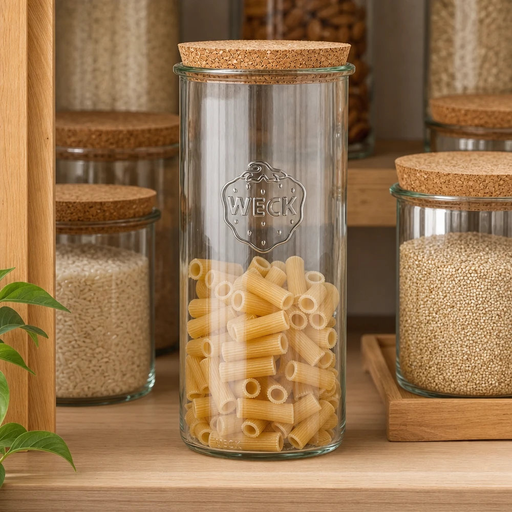 WECK RR100 1500ml lasipurkki täynnä pastaa Keittiön hylly Korkkikansi Ruokakomero organisaatio Säilytys Säilytys