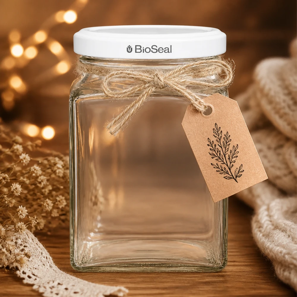 UNiTWIST Tetra260 Vorratsglas mit weißem TO58 BioSeal Deckel und Geschenkanhänger rustikale Deko warmes Licht