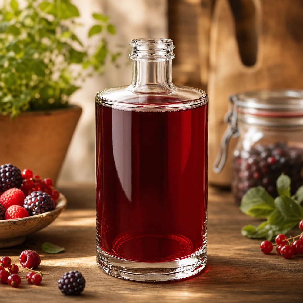 375ml Glasflasche "Sam" ohne Schraubverschluss UNiTWIST 375ml lasipullo Sam täynnä punaista marjamehua, jota ympäröivät tuoreet vadelmat, karhunvatukat ja punaherukat.