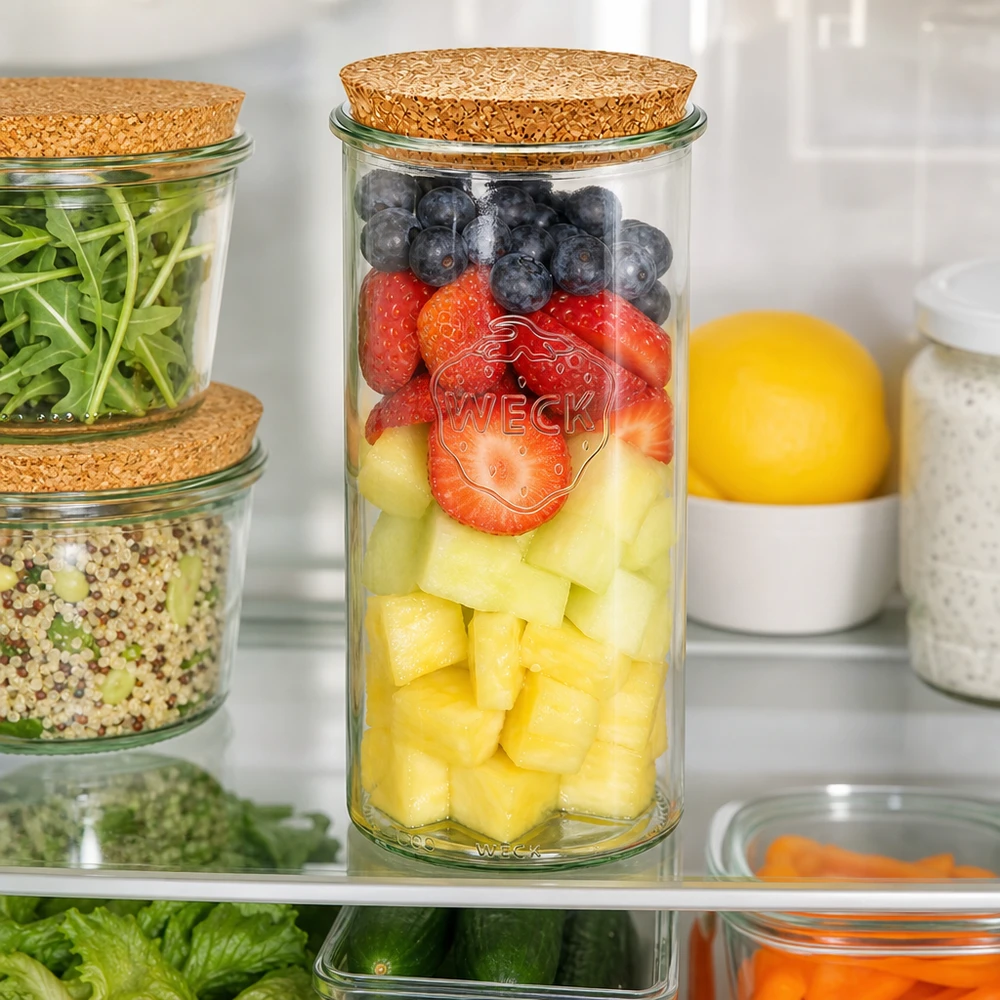 WECK RR100 Jääkaappi Organisaatio Hedelmäsalaatti Marjat Ananas Korkkikansi Meal Prep pitää tuoreena