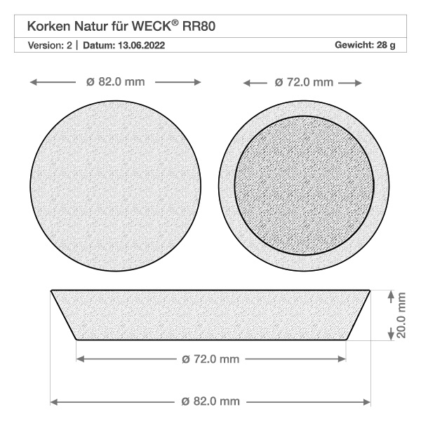 Korkki 75mm aukkoa varten WECK RR80 (ø72/82, H=20mm). Tekninen piirustus WECK RR80 korkkitulppa, jonka mitat ovat 72mm 82mm halkaisija 20mm korkeus Luonnon korkkitulppa