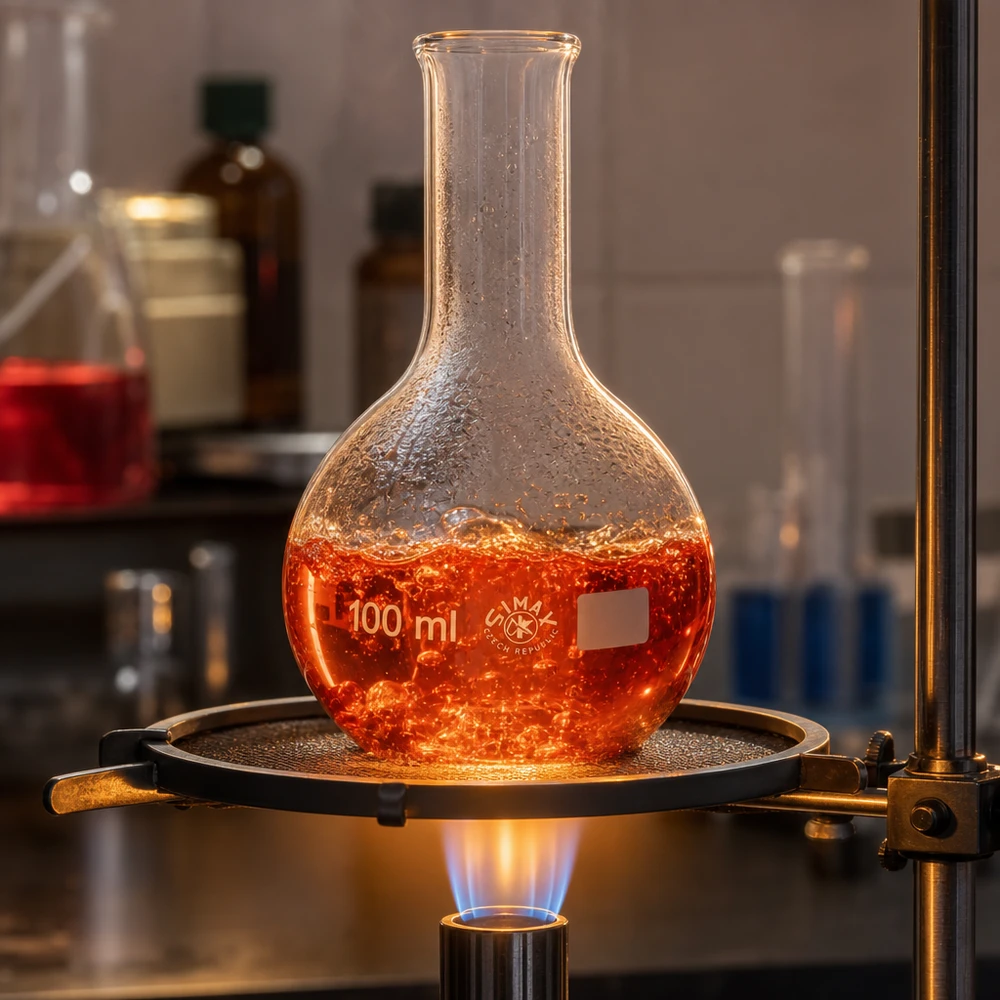 Seisova pullo 100ml kapea kaula Seisova 100 ml:n pullo, jossa on kapea kaula, laboratorion keittolevyllä, kun sitä lämmitetään näkyvällä liekillä.