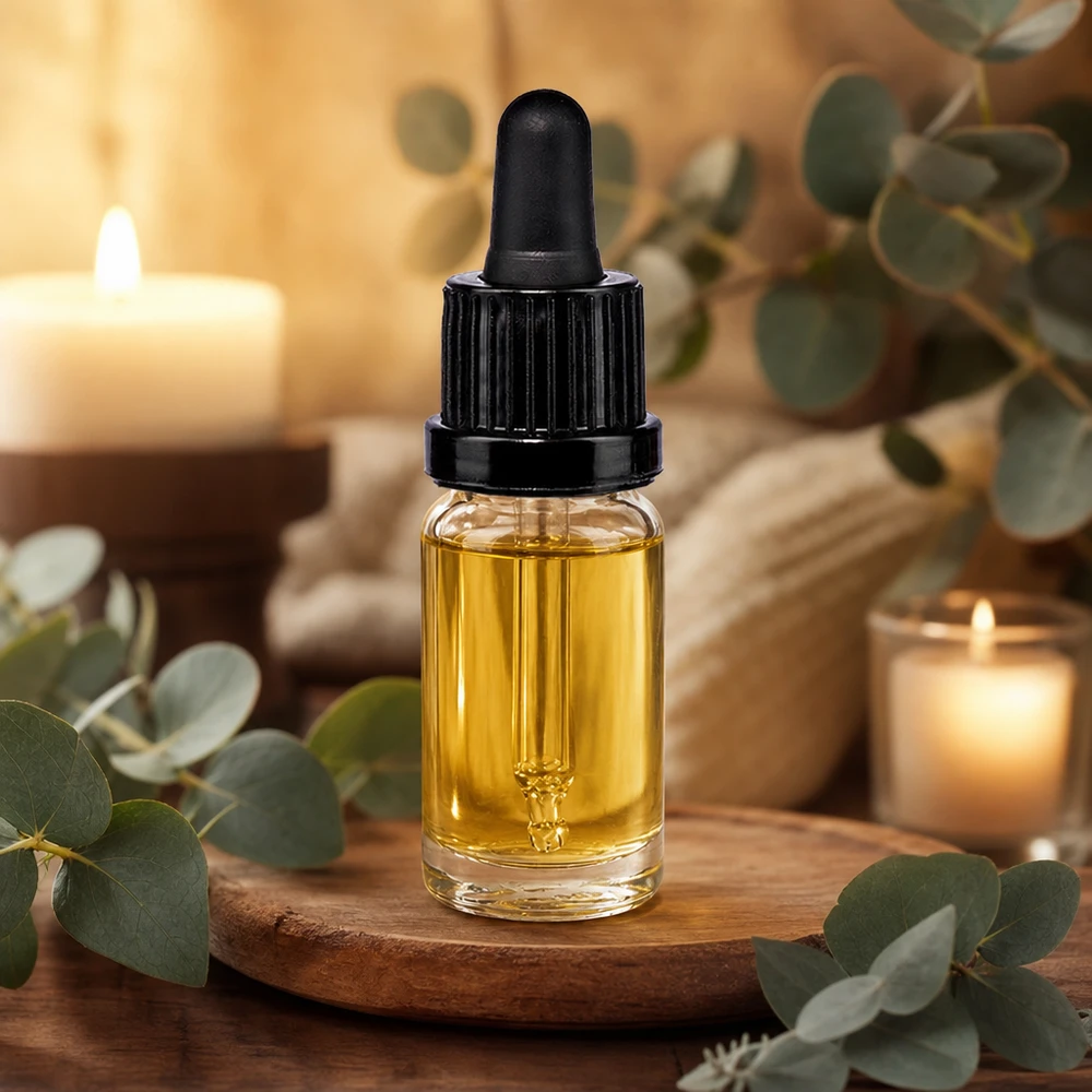 10ml pipettipullo musta peukaloinnin estävä korkki ClearLine UT18/10 Läpinäkyvä 10 ml:n pipettipullo, jossa on kullanväristä öljyä, puulevyn päällä eukalyptusoksien vieressä