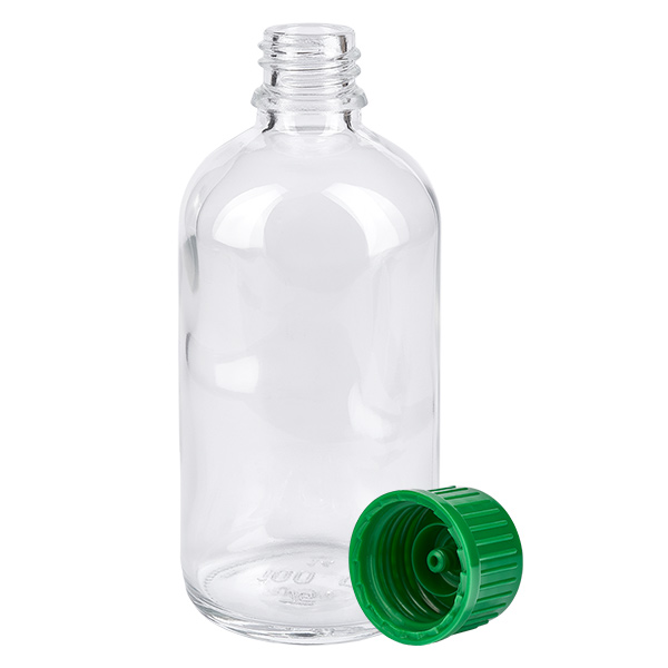 100ml pullo 11mm ruuvikorkki vihreä Standard ClearLine UT18/100 Läpinäkyvä 100 ml:n ClearLine-apteekkipullo, jossa on vihreä 11 mm:n turvakorkki
