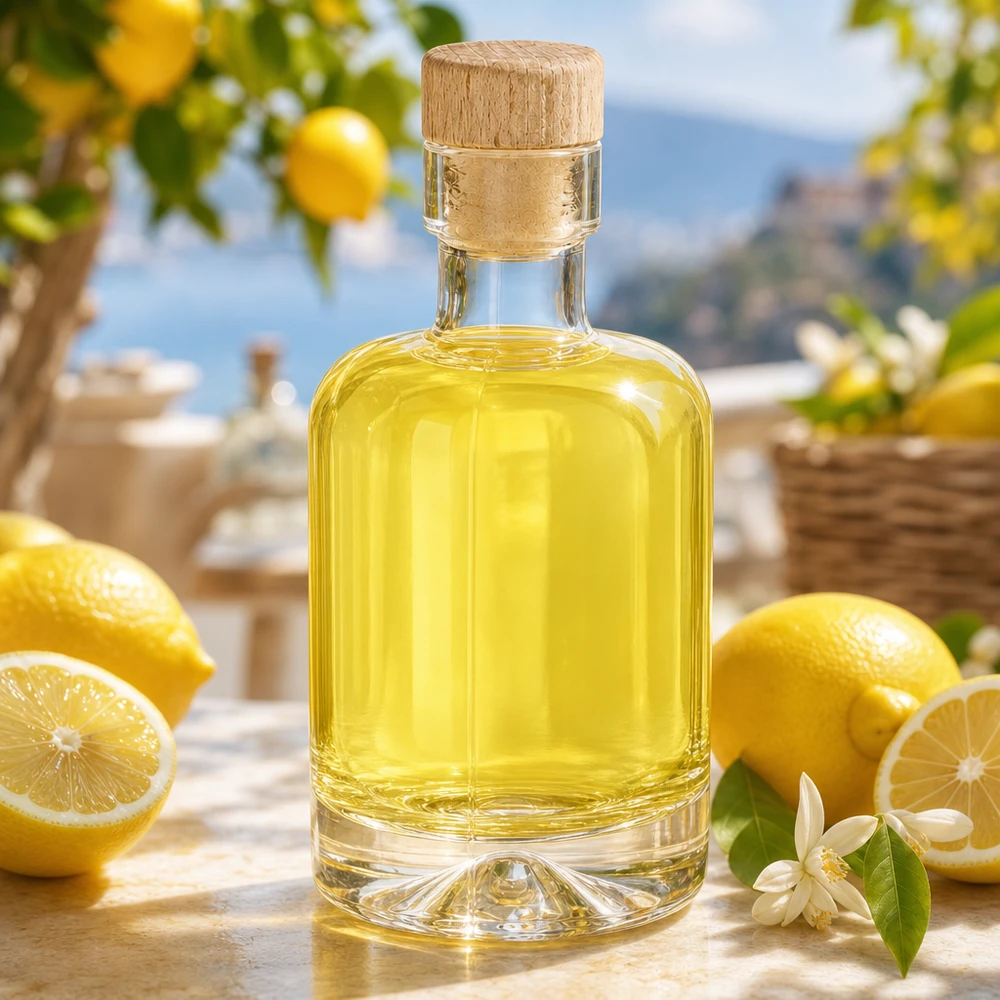50 ml:n Amelie-lasipullo, joka on täytetty keltaisella liköörillä sitruunoiden ja kukkien välissä, koristeltu Välimeren tyyliin.