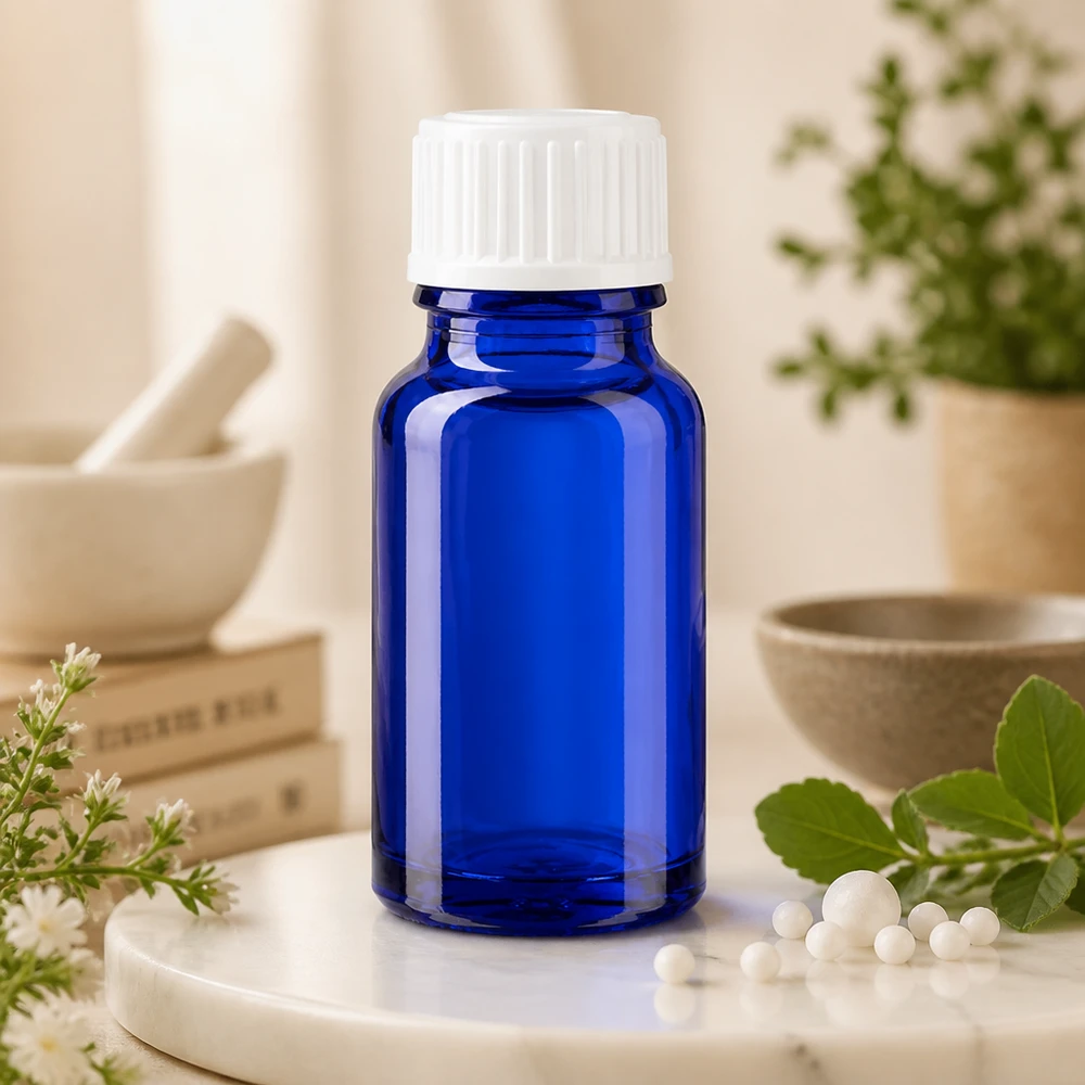 Apteekkipullo sininen 10ml ruuvikorkki valkoinen standardi Koboltinsininen apteekkipullo, 10 ml, valkoinen kierrekorkki, 11 mm, homeopaattisten globulien ja lääkekasvien vieressä