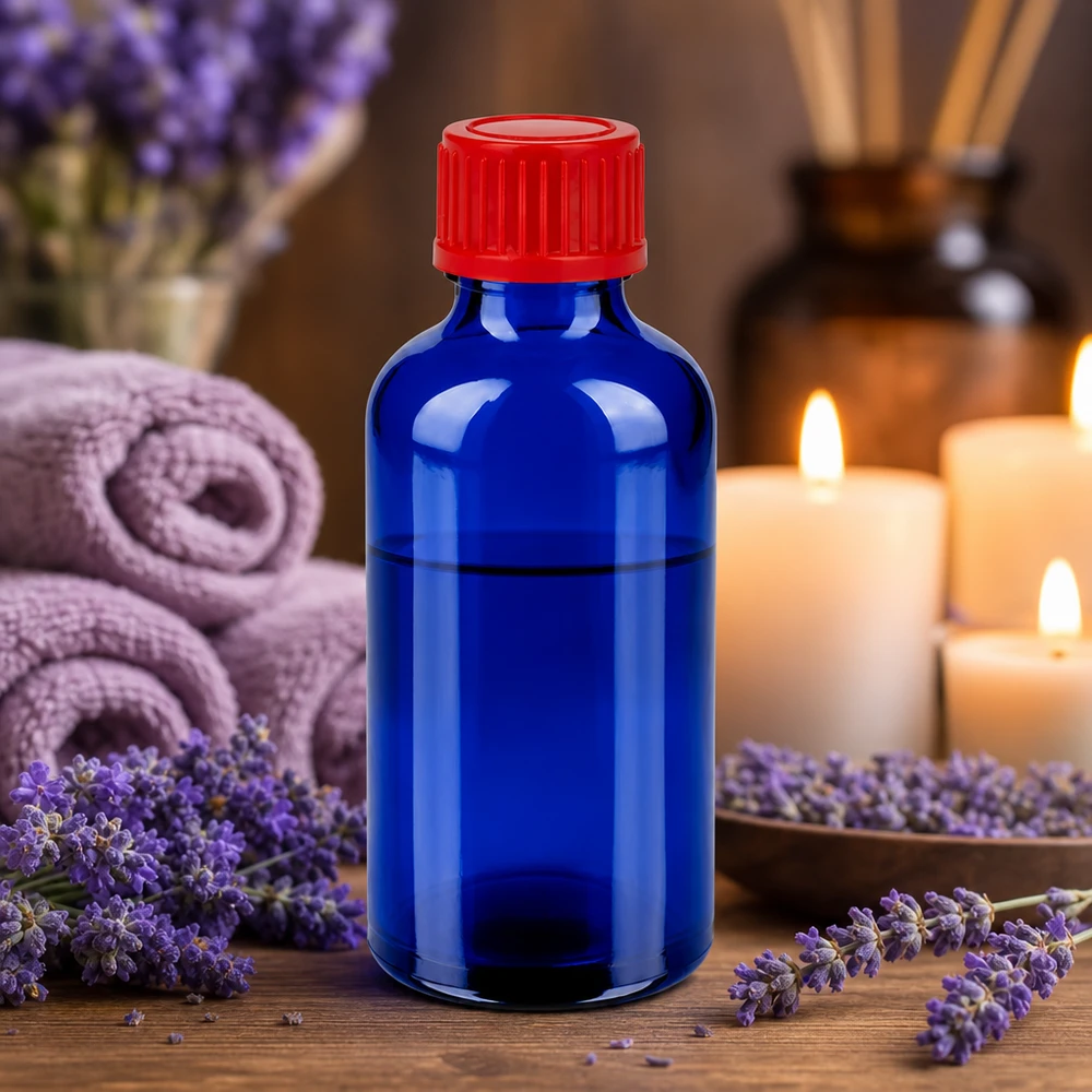 Aromaterapiapullo 50ml BlueLine UT18/50 punaisella korkilla eteerisiä öljyjä varten