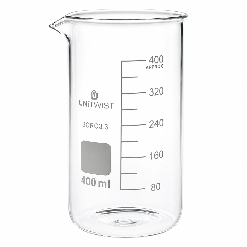 UNITWISTin 400 ml:n korkea mitta-astia, valmistettu borosilikaattilasista 3.3, millilitra-asteikolla