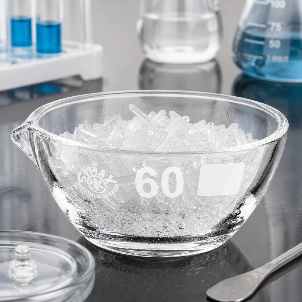 Pyöreä haihdutusastia 45ml borosilikaatti ø60mm, jossa on nokka tarkkaan työskentelyyn laboratoriossa.
