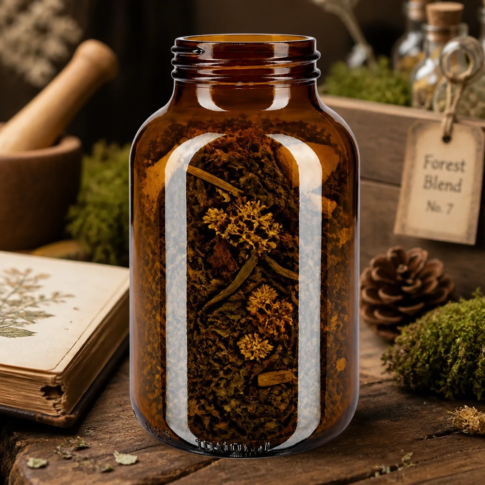 1000ml leveäkaulainen pullo meripihkanväristä lasia Suuri meripihkanvärinen lasipullo 1000ml, jossa on erittäin leveä kaula, ihanteellinen yrteille ja kuivatuille kasveille.