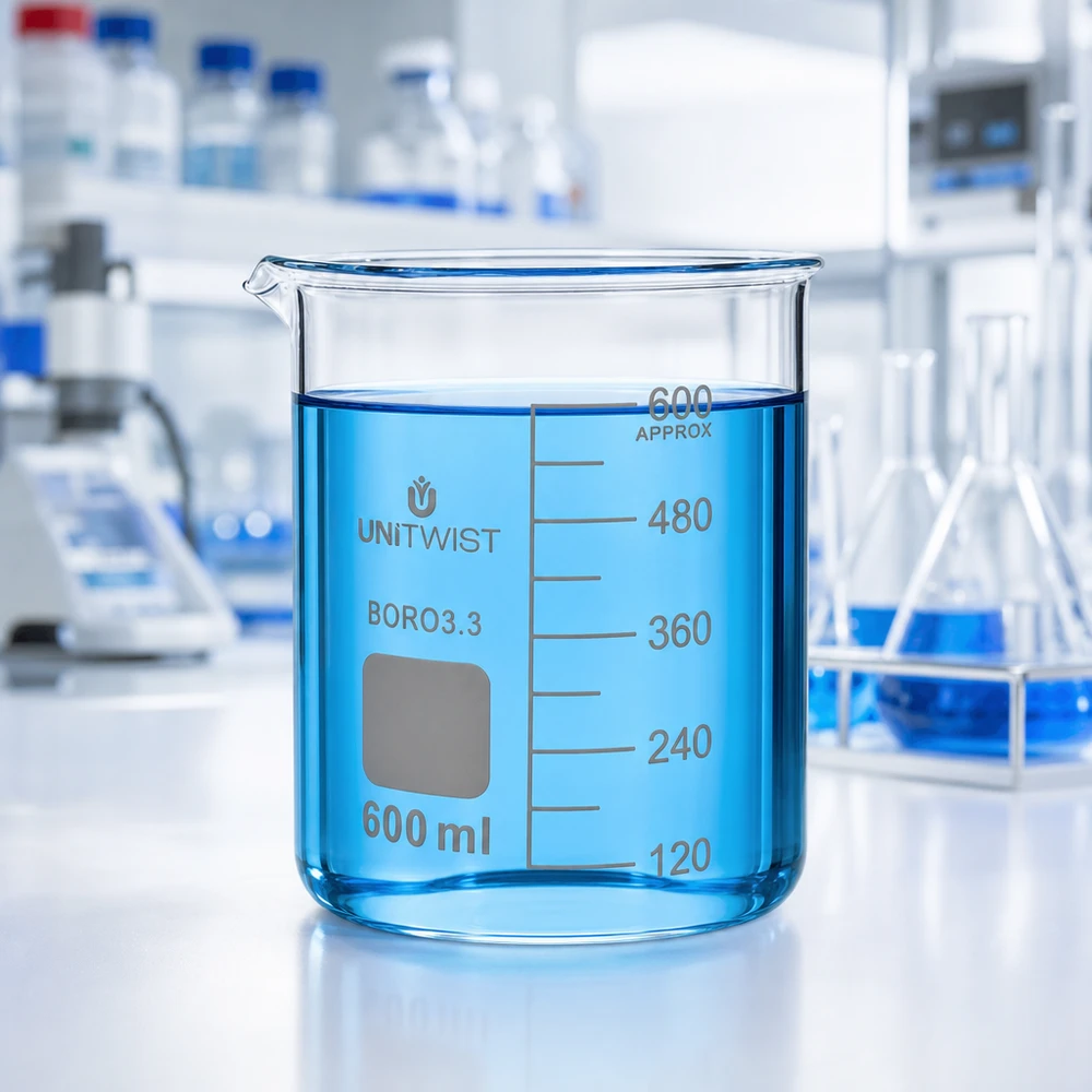 UNiTWIST-mitta-astia, 600 ml, borosilikaattilasia, täytetty laboratoriossa sinisellä nesteellä 480 ml:aan asti