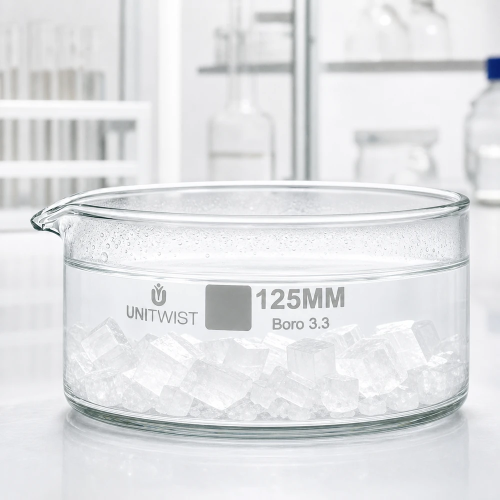 125 mm:n kiteytysastia, borosilikaattilasia, täytetty jääkuutioilla, laboratoriokäyttöön, UNiTWIST