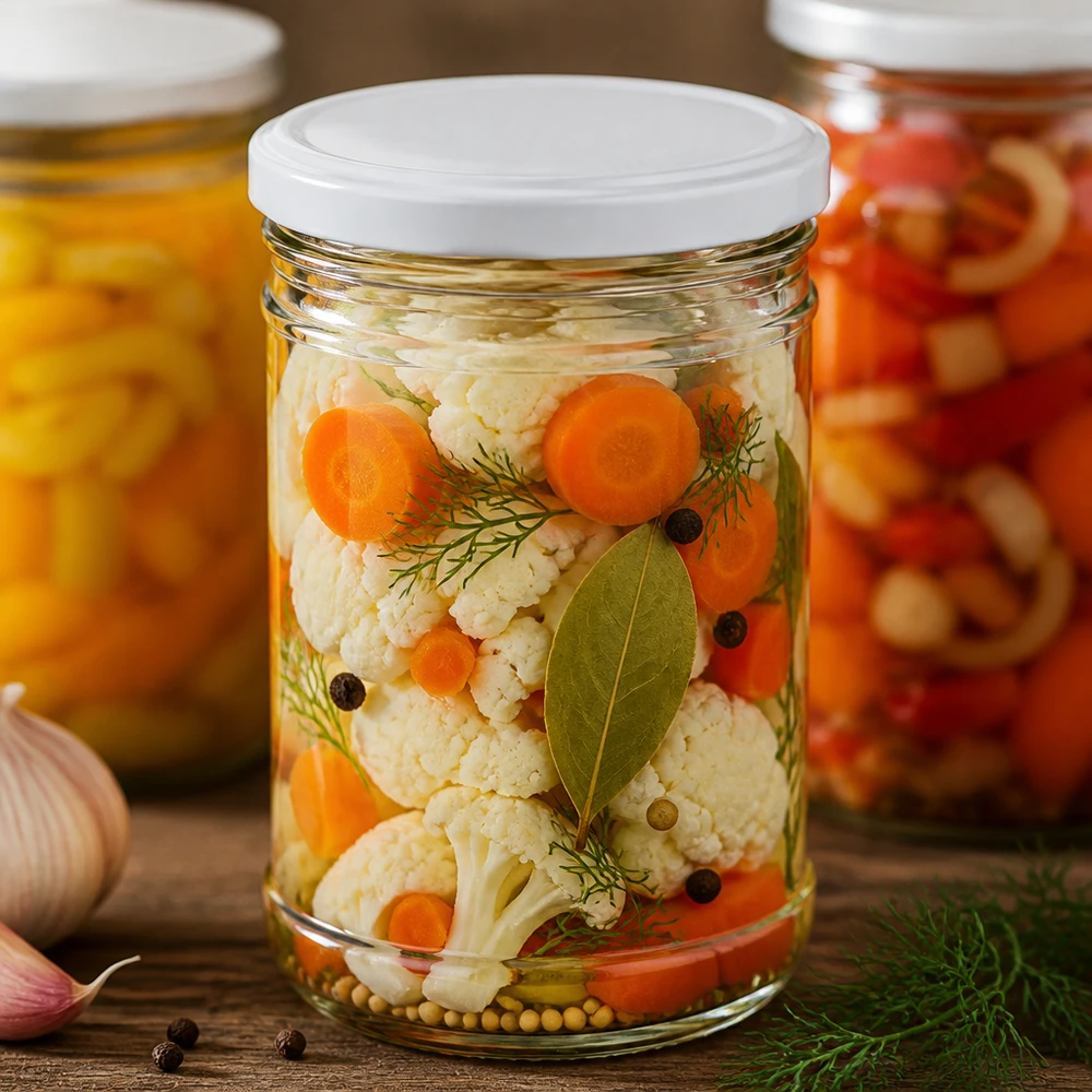 1053ml lasipullot BasicSeal-kannella valkoinen UNiTWIST 1053ml tumblers täynnä marinoituja vihanneksia porkkanoita kukkakaali tilli osoittaa käytännön käyttöä säilöntäpurkkina.