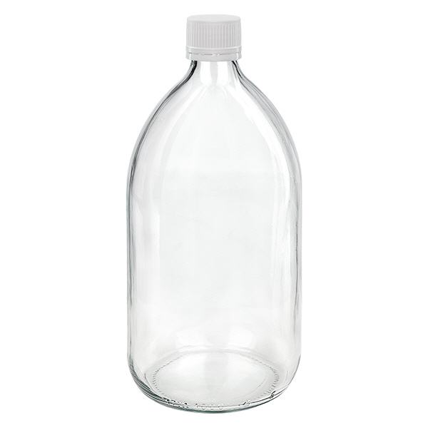 1000ml lääkepullo kirkas, korkki valkoinen/hieno, jossa on väärentämisen estävä rengas ApoGlas 1000ml lääkepullo kirkas, korkki valkoinen/hieno, jossa on väärentämisen estävä rengas ApoGlas