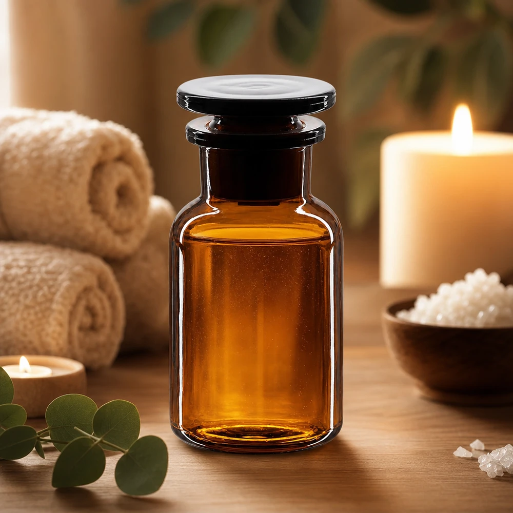 Pyöreä olkapääpullo 100ml ruskea leveäkaulainen lasitulppa Aromaterapian säilytyspullo 100 ml, ruskeaa lasia, leveäkaulainen, lasitulpalla, eteerisille öljyille