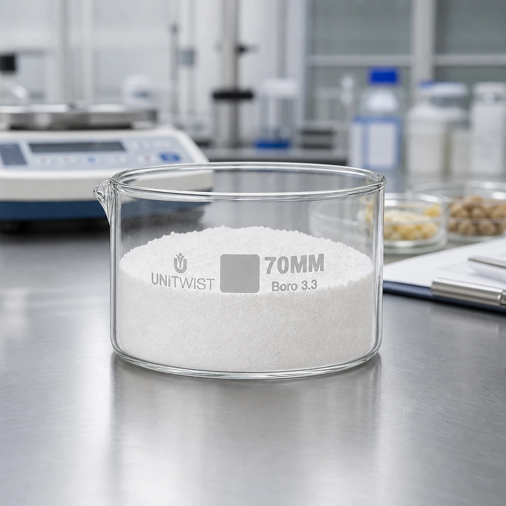 Kiteytysastia ø70mm borosilikaattilasi UNiTWIST UNiTWIST 70 mm Boro 3.3 -kristallisaatioastia, täytetty valkoisella jauheella, ruostumattomasta teräksestä valmistetulla laboratoriopöydällä