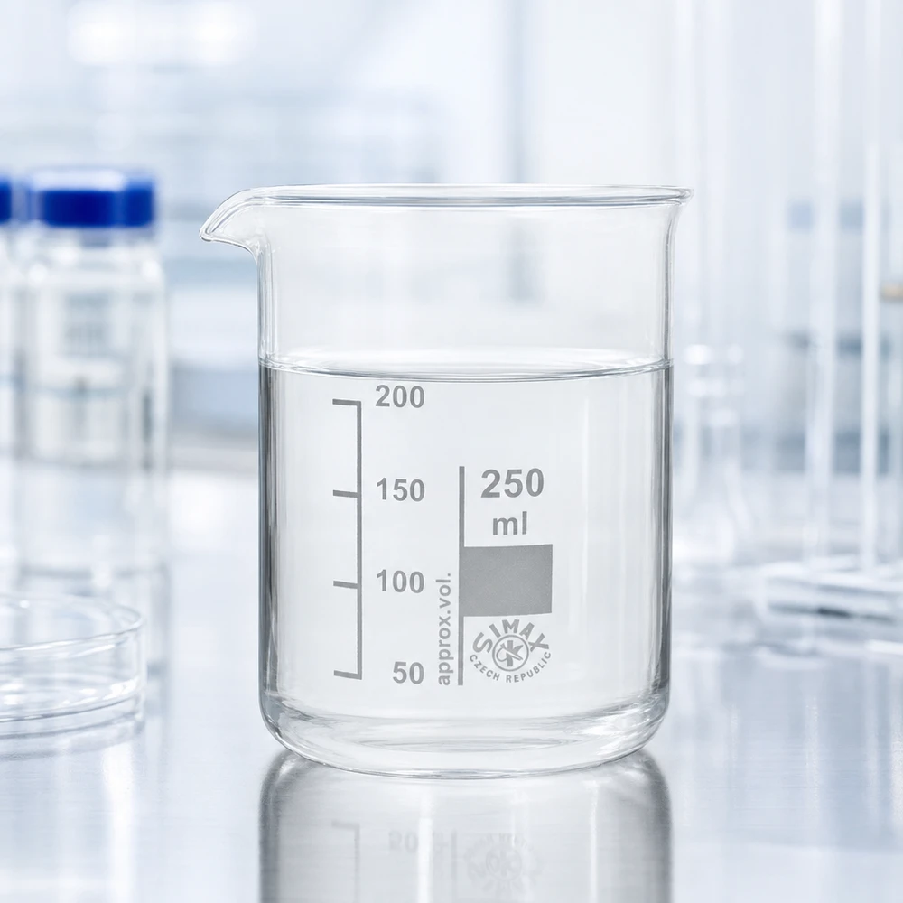 Läpinäkyvä 250 ml:n juomalasi, joka on valmistettu kestävästä borosilikaattilasista, tarkkoihin mittauksiin laboratoriossa ja keittiössä.