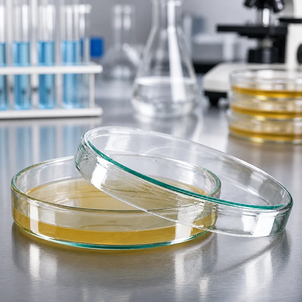 100 x 20 mm:n lasinen petrimalja, jossa on keltaista agar-ravintoväliainetta, ruostumattomasta teräksestä valmistetulla laboratoriopöydällä