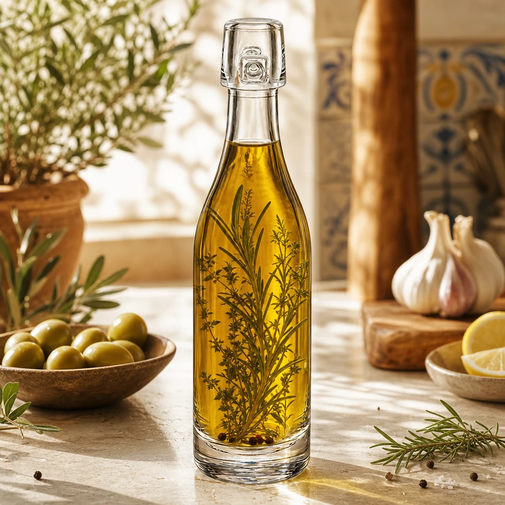 50ml lasipullo UNiTWIST täynnä oliiviöljyä ja yrttejä Välimeren keittiö Oliivit Valkosipuli Rosmariini Koristelu