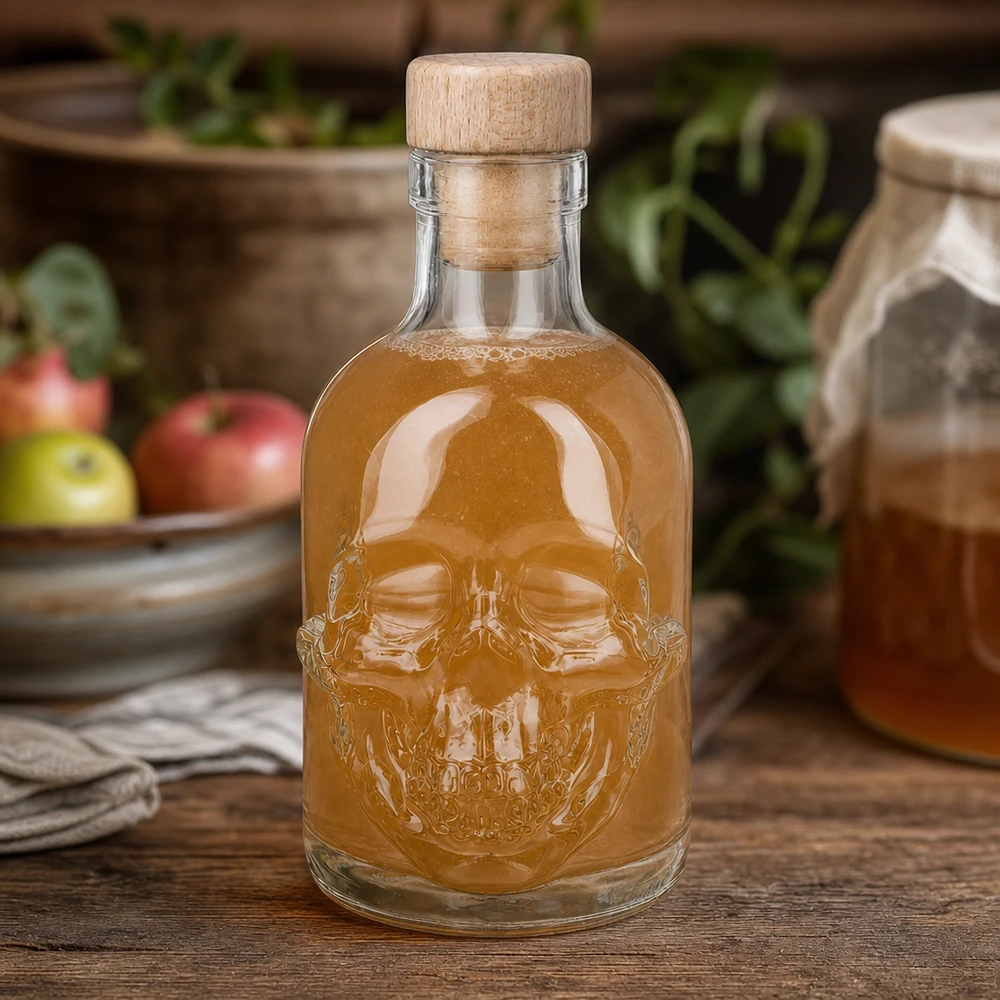 200ml Jack skull -lasipullo, jossa on meripihkanvärinen täyte keittiötunnelmassa, jossa on omenoita ja yrttiruukkuja.